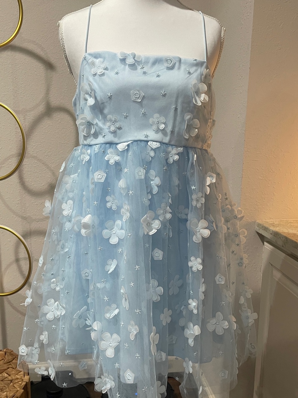 Trixxi light blue babydoll style mini 3D floral dress size Medium